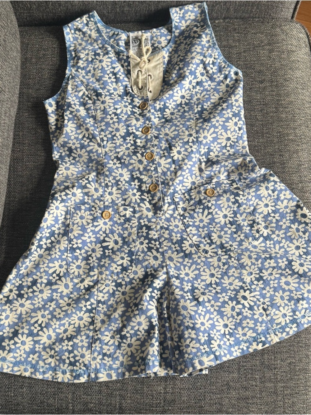 Vintage 80’s OP Blue and White Daisy Button-Front Romper